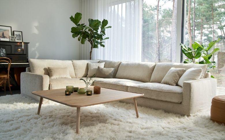 Un canapé beige, un tapis en laine et une table basse en bois.