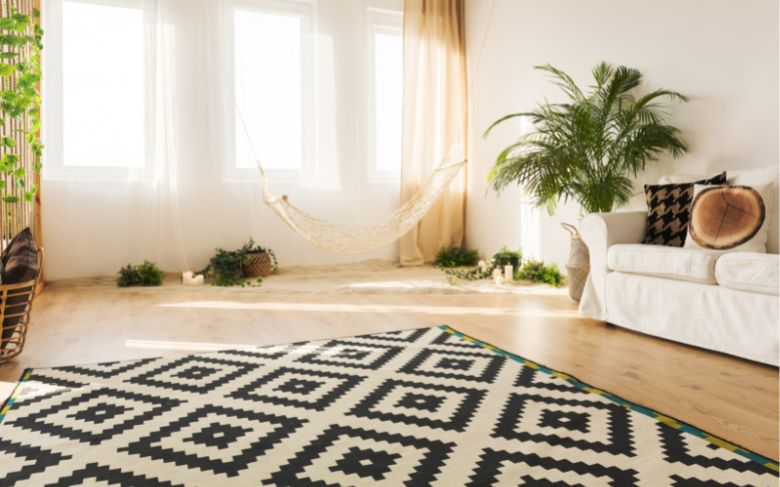 sallon avec un tapis motifs canape avec des coussins motifs