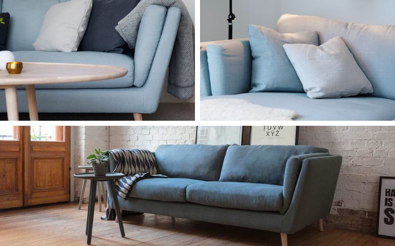 Le canapé Nancy et son revêtement bleu azur pour apporter une touche apaisante à votre espace. 